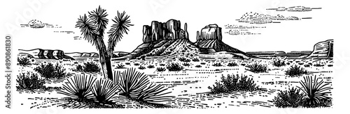 desert america engraving black and white outline
