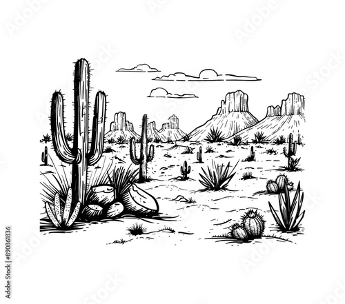 desert america engraving black and white outline