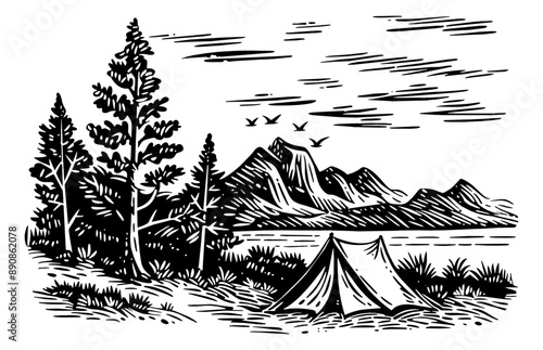 camping tent mountain landscape engraving black and white outline