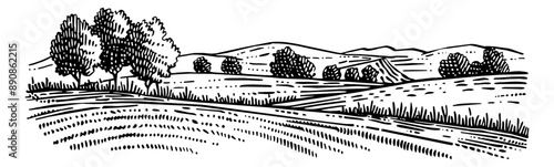 farmland pasture line engraving black and white outline