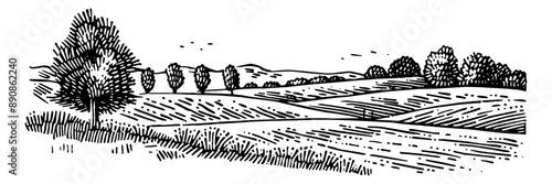farmland pasture line engraving black and white outline