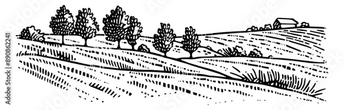 farmland pasture line engraving black and white outline