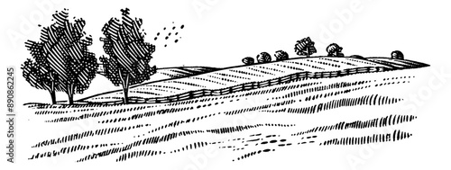 farmland pasture line engraving black and white outline