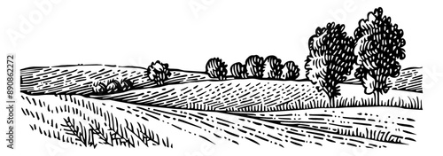 farmland pasture line engraving black and white outline