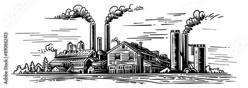 industrial landscape engraving black and white outline