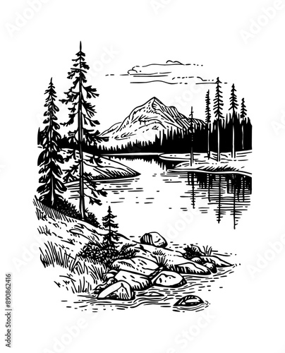 lake mountain landscape engraving black and white outline