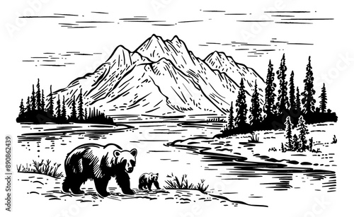 bear mountain landscape engraving black and white outline