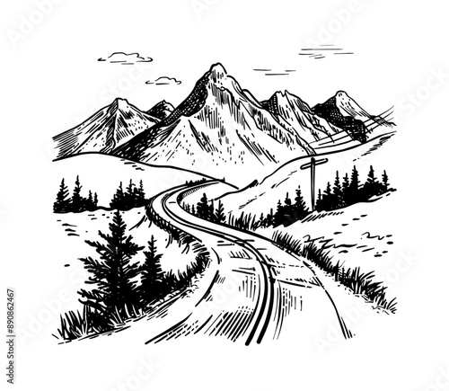mountain road landscape engraving black and white outline