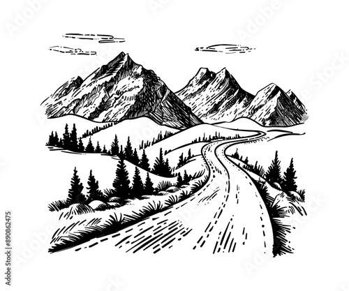 mountain road landscape engraving black and white outline