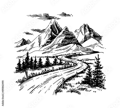 mountain road landscape engraving black and white outline