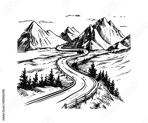 mountain road landscape engraving black and white outline
