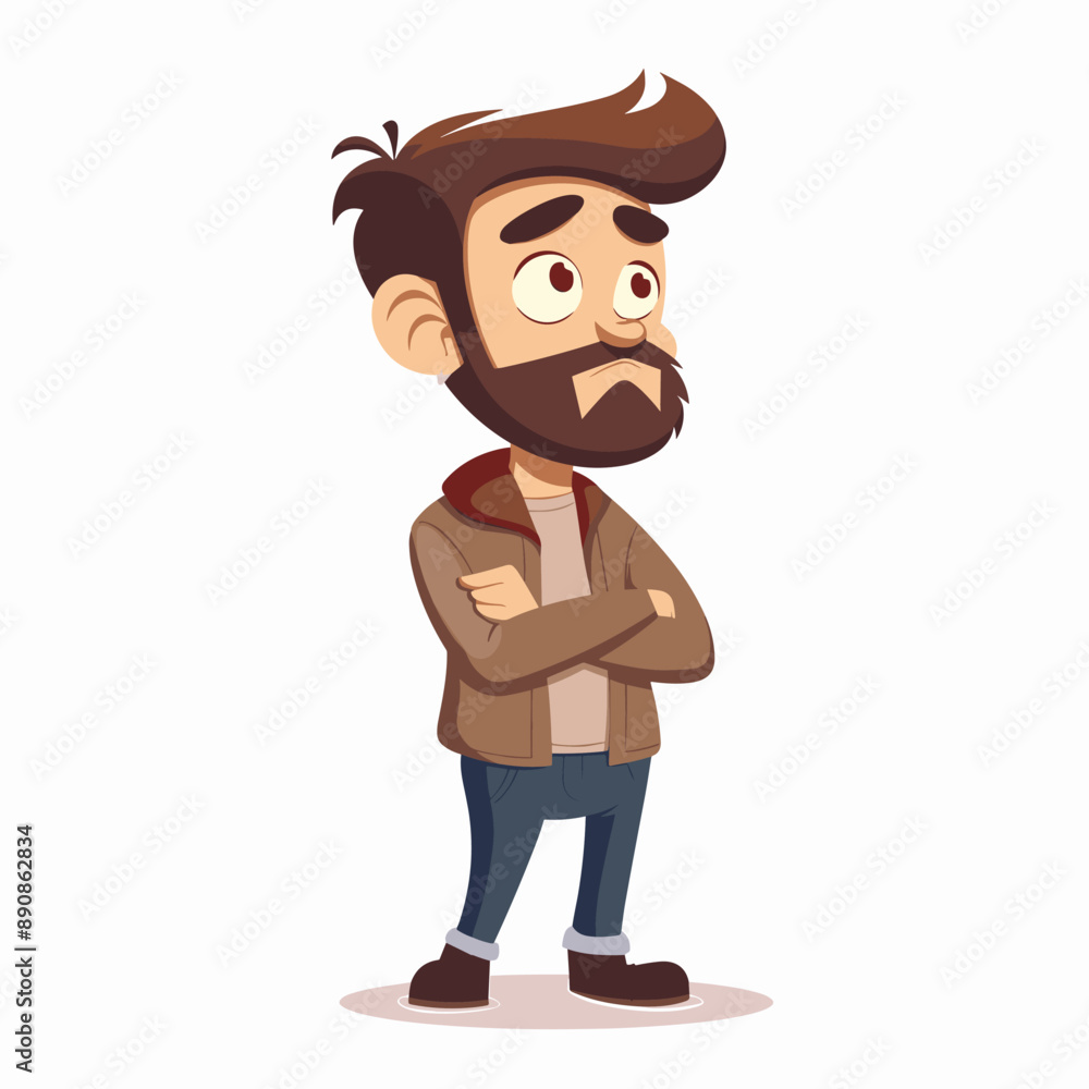 A man with a beard and a jacket is standing with his arms crossed. He looks sad and is looking down A man with a beard and a jacket is standing with his arms crossed. He looks sad and is looking down