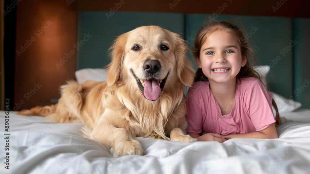 a young girl is happy next to her beloved dog. a young girl is happy next to her beloved dog.
