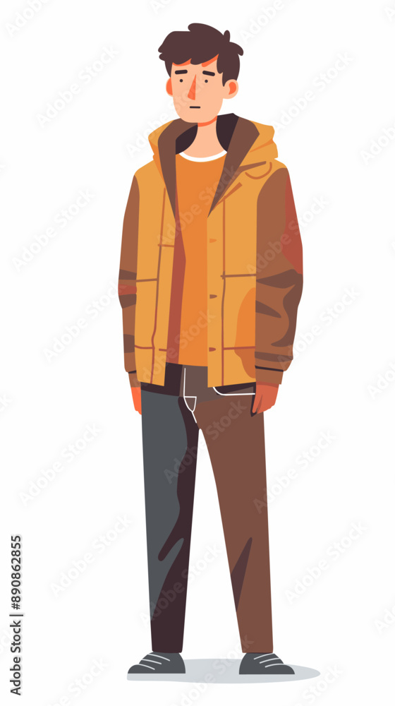 Fototapeta premium A man in a yellow jacket stands in front of a white background. He is wearing a brown jacket and brown pants