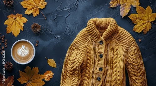 Warm Yellow Knit Sweater and Coffee on a Dark Blue Background