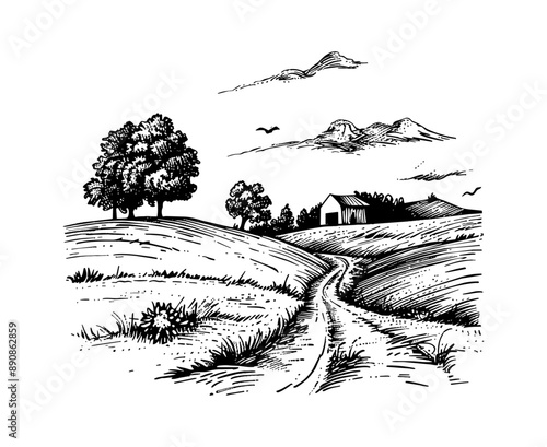 rural village road landscape engraving black and white outline