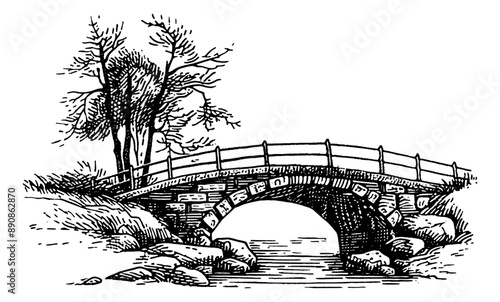 stone bridge engraving black and white outline