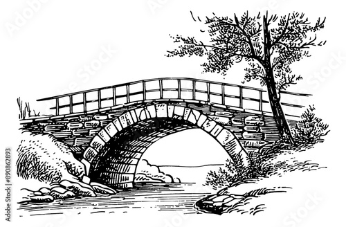 stone bridge engraving black and white outline