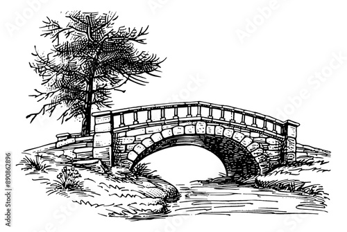 stone bridge engraving black and white outline
