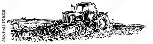 tracktor field landscape engraving black and white outline