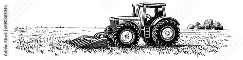 tracktor field landscape engraving black and white outline