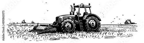 tracktor field landscape engraving black and white outline