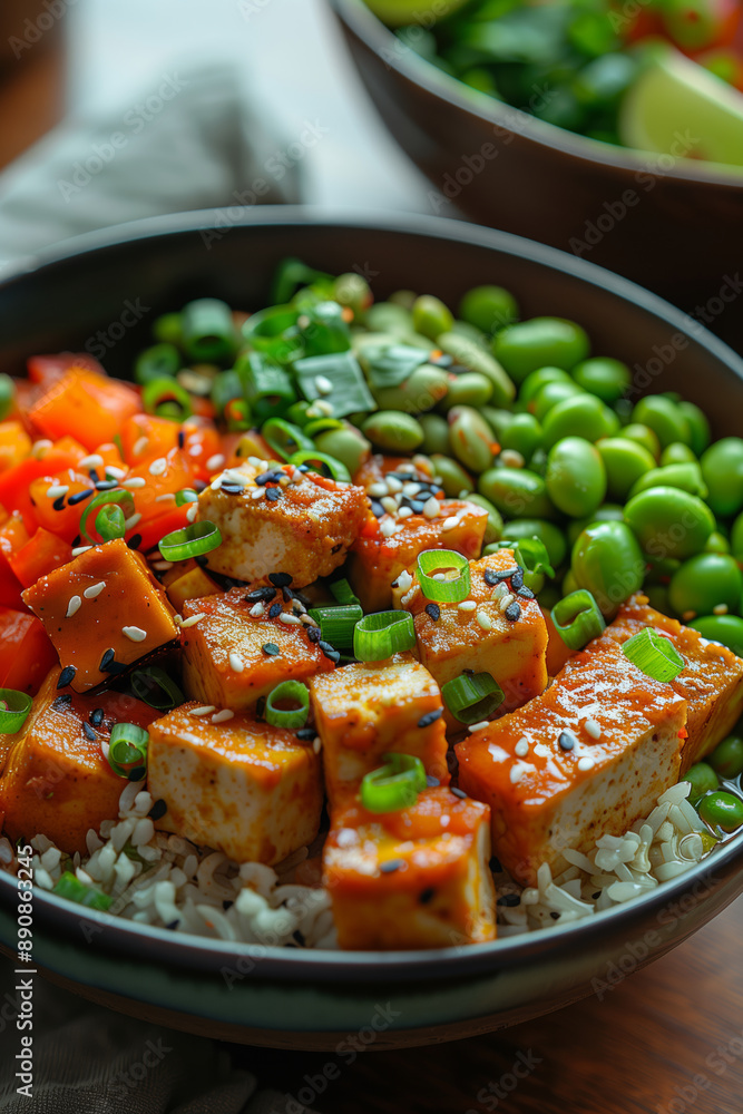 A Colorful Vegan Curry Bowl With Edamame, Tofu, and Rice A Colorful Vegan Curry Bowl With Edamame, Tofu, and Rice