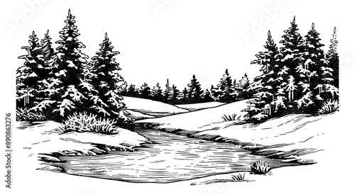winter landscape engraving black and white outline