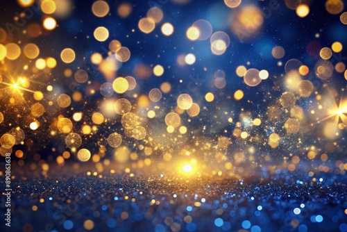 Vibrant gold particles suspended in a dark blue abstract background, illuminated by defocused golden lights, creating a dazzling festive bokeh effect.