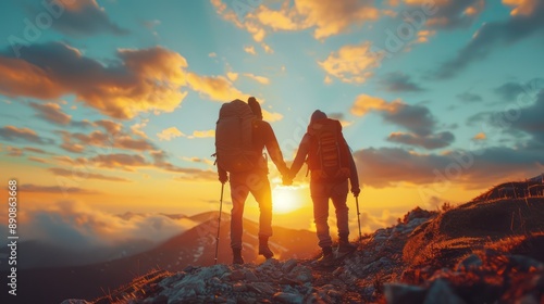 Ascending Together: Hiker Aiding Friend to Summit Mountain by Holding Hands © hisilly