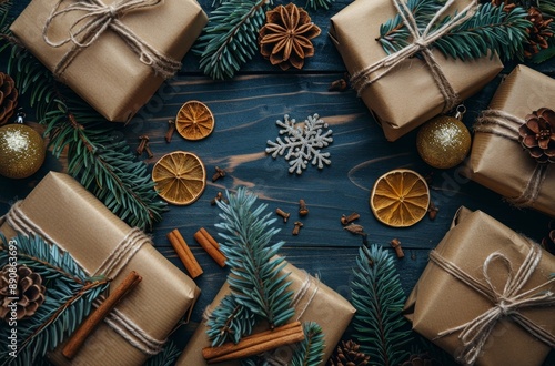 Rustic Brown Paper Wrapped Gifts Decorated With Dried Orange Slices, Cinnamon...