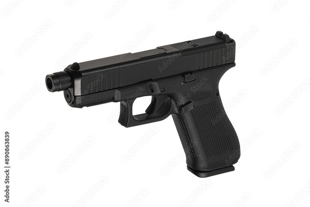 Modern semi-automatic pistol isolate on a white background. Armament for the army and police. Short-barreled weapon Modern semi-automatic pistol isolate on a white background. Armament for the army and police. Short-barreled weapon