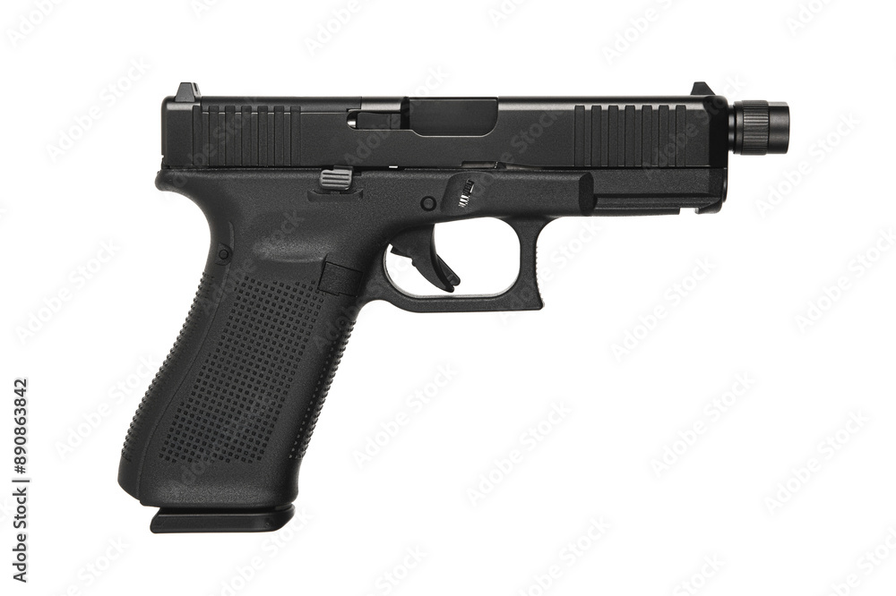 Modern semi-automatic pistol isolate on a white background. Armament for the army and police. Short-barreled weapon Modern semi-automatic pistol isolate on a white background. Armament for the army and police. Short-barreled weapon