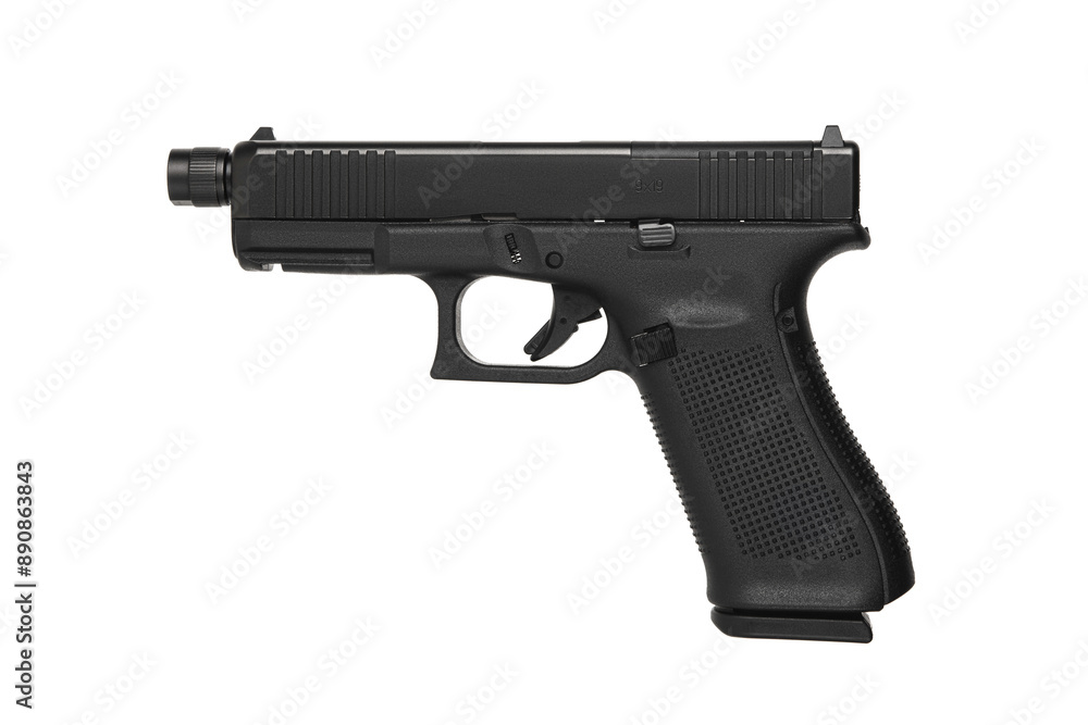 Modern semi-automatic pistol isolate on a white background. Armament for the army and police. Short-barreled weapon Modern semi-automatic pistol isolate on a white background. Armament for the army and police. Short-barreled weapon
