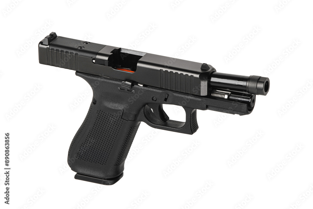 Modern semi-automatic pistol isolate on a white background. Armament for the army and police. Short-barreled weapon Modern semi-automatic pistol isolate on a white background. Armament for the army and police. Short-barreled weapon