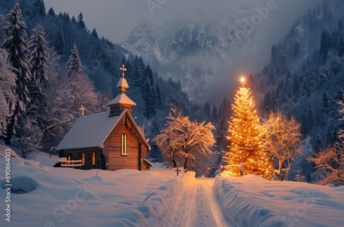 Illuminated Church and Christmas Tree in Snowy Mountain Valley at Twilight