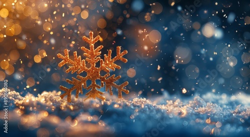 Golden Snowflake Ornament in Winter Snow With Blurry Lights
