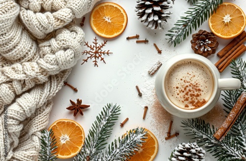 Winter Holiday Beverage With Knitted Blanket, Cinnamon Sticks, and Orange Slices