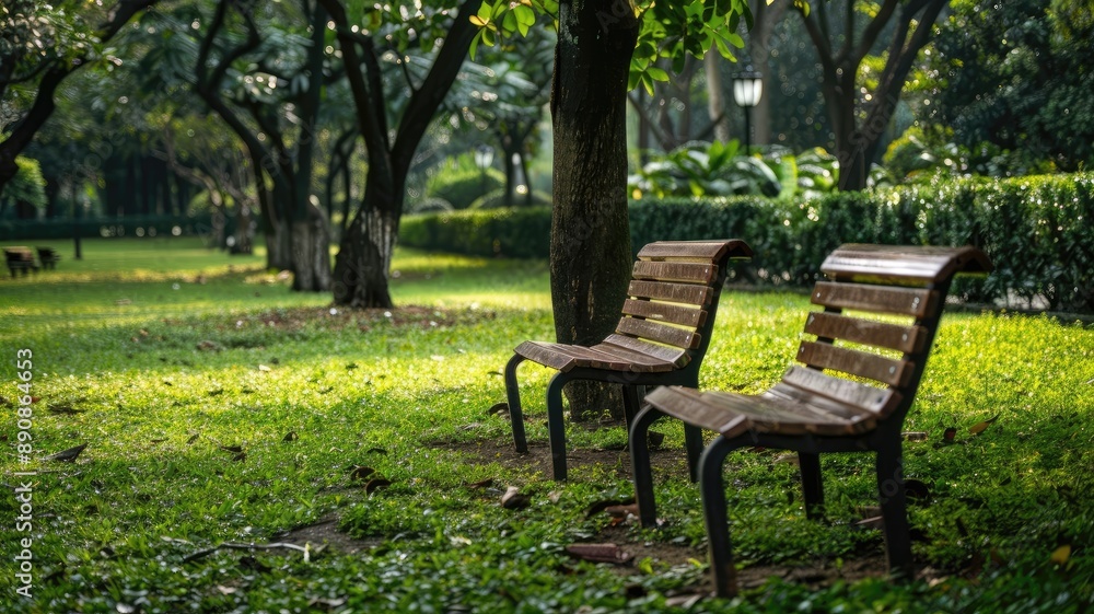 Two empty wooden benches in green, tree-filled park setting Two empty wooden benches in green, tree-filled park setting