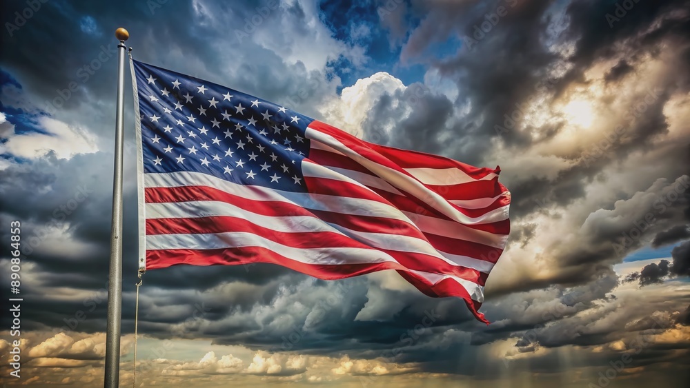 Patriotic symbol of freedom, a vibrant Stars and Stripes flag waves dynamically in the wind against a dramatic dark cloudy sky, evoking a sense of national pride. Patriotic symbol of freedom, a vibrant Stars and Stripes flag waves dynamically in the wind against a dramatic dark cloudy sky, evoking a sense of national pride.