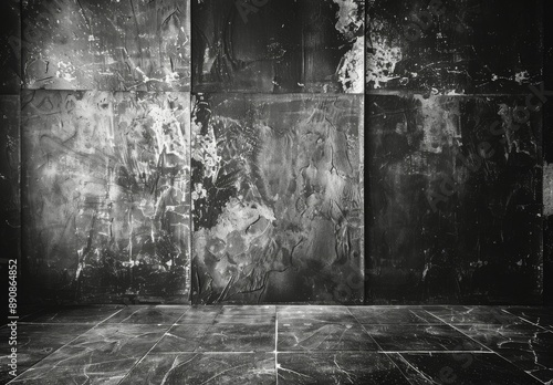 Black And White Photo Of A Cracked Concrete Wall And Wooden Floor