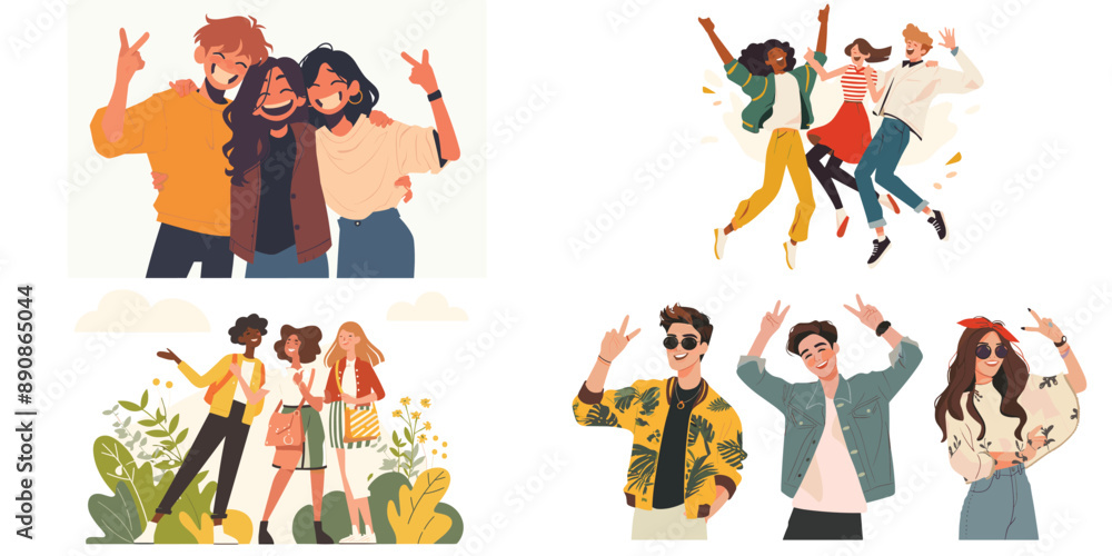 Naklejka premium Group of diverse friends hugging and laughing, surrounded by colorful flowers and foliage, bright and joyful scene.