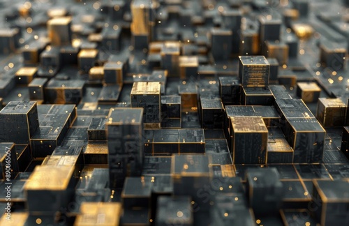 Abstract 3D Render of Black and Gold Cubes With Glowing Lights