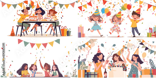 Vector illustration of friends celebrating a birthday party, ideal for festive backgrounds, wallpapers, and event invitations.