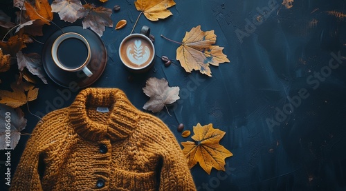 Warm Yellow Knit Sweater and Coffee on a Dark Blue Background
