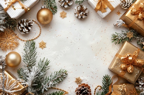 Gold Christmas Gifts and Evergreen Branches on Snowy White Background