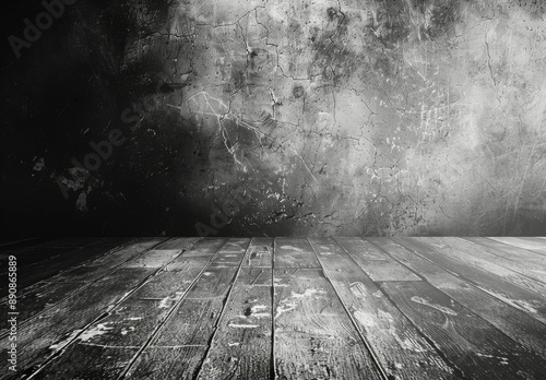 Black And White Photo Of A Cracked Concrete Wall And Wooden Floor