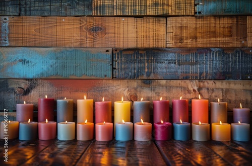 Colorful Candles Burning Brightly on Wooden Shelf