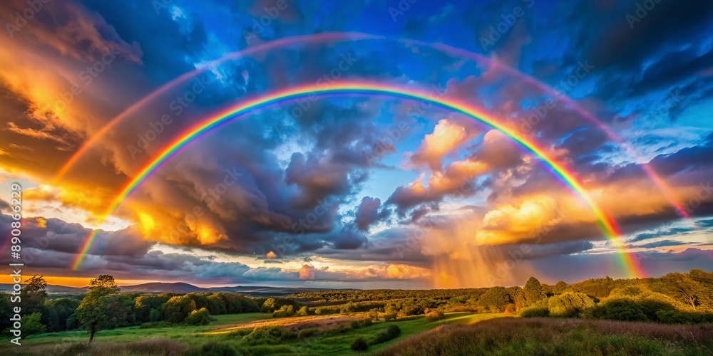 Obraz premium Vibrant multi-colored rainbow arcs across the sky, framed by soft white clouds, casting a warm glow on the serene and peaceful natural landscape below.