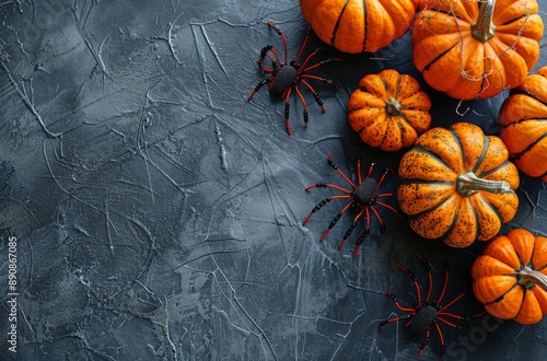 Orange Pumpkins, Fall Leaves, and Spiders on a Dark Gray Background
